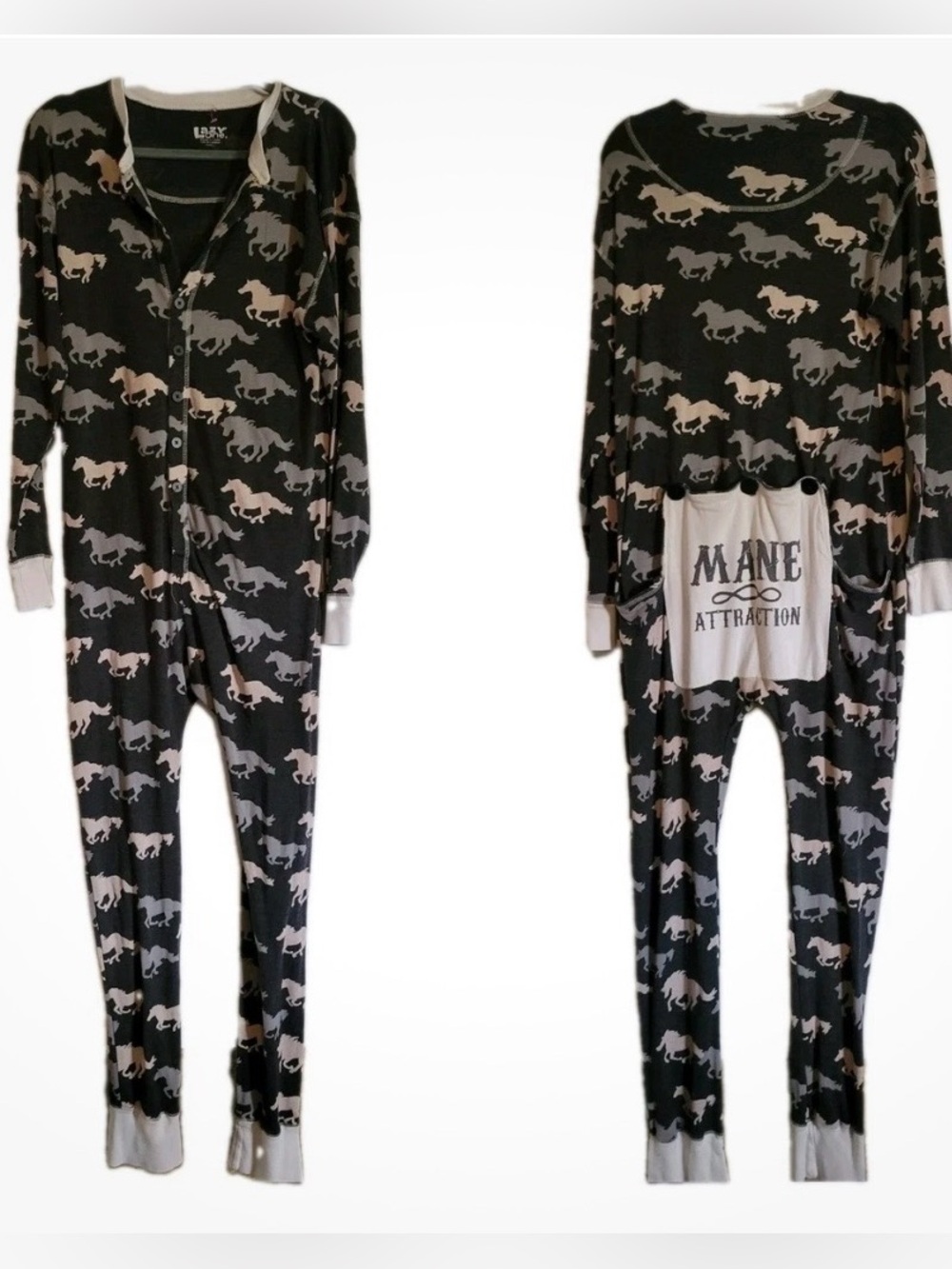 Lazy One Horse Print Long Johns Button Flap Back Western Lumberjack Farmhouse